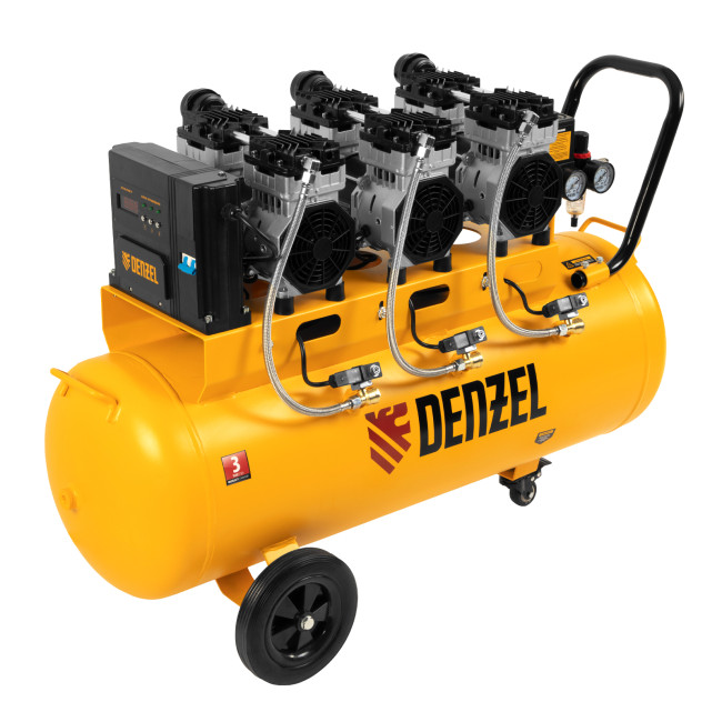 Компрессор безмасляный, малошумный  DLS 2250/100, 2250 Вт, 3x750, 100 л, 410 л/мин блок управления/ Denzel в Тюмени