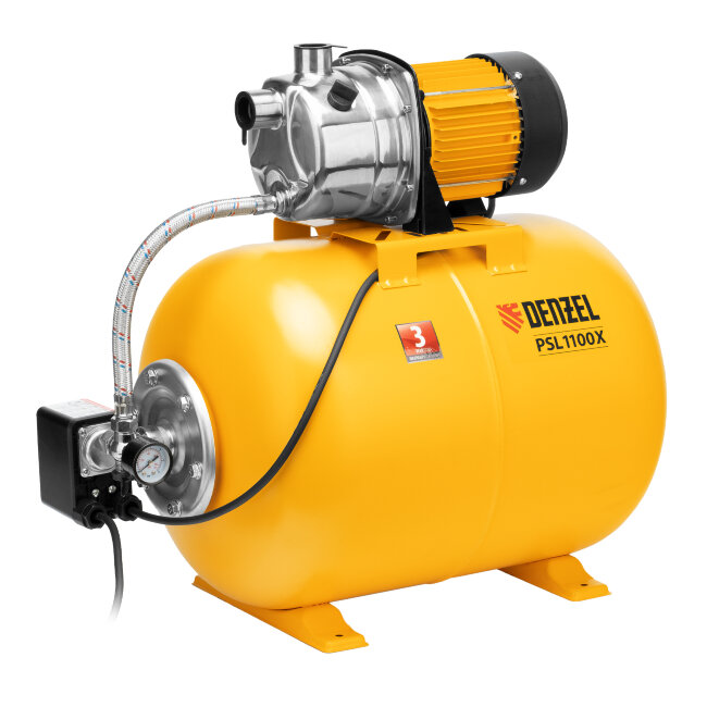 Насосная станция PSL1100X, 1100 Вт, 3600 л/ч, ресивер 50 л, подъем 45 м, нержавейка Denzel в Тюмени